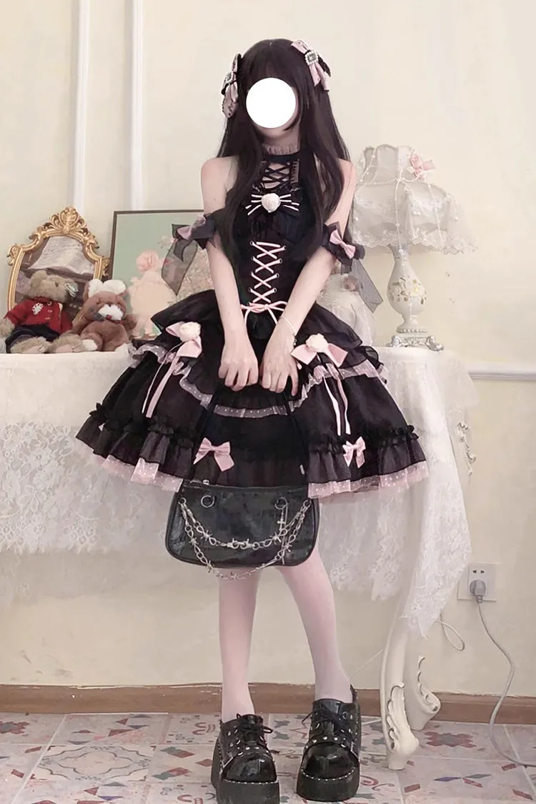Black/Pink Lace Up Multi-layer Ruffle Cardigan Bowknot Gothic Lolita Jsk Dress
