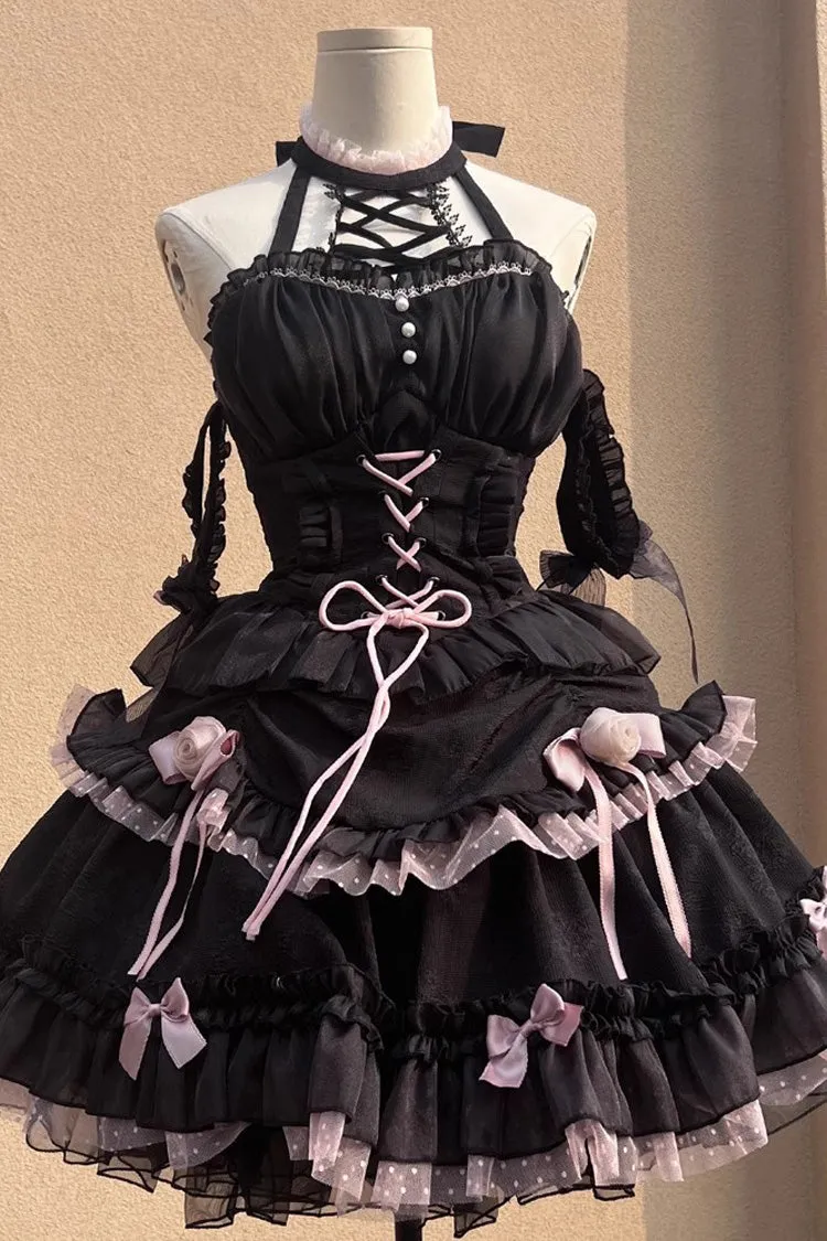 Black/Pink Lace Up Multi-layer Ruffle Cardigan Bowknot Gothic Lolita Jsk Dress