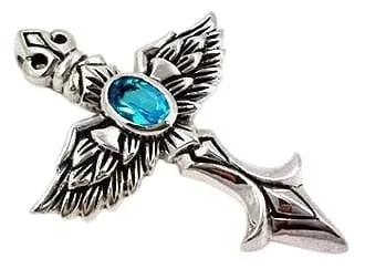 Blue Topaz Cross Angel Wings Sterling Silver Gothic Pendant