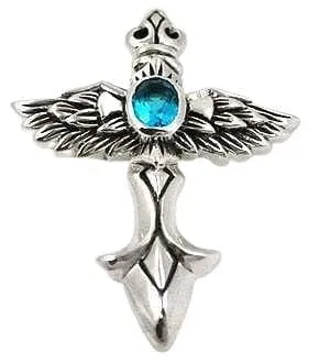Blue Topaz Cross Angel Wings Sterling Silver Gothic Pendant