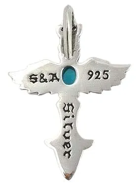 Blue Topaz Cross Angel Wings Sterling Silver Gothic Pendant
