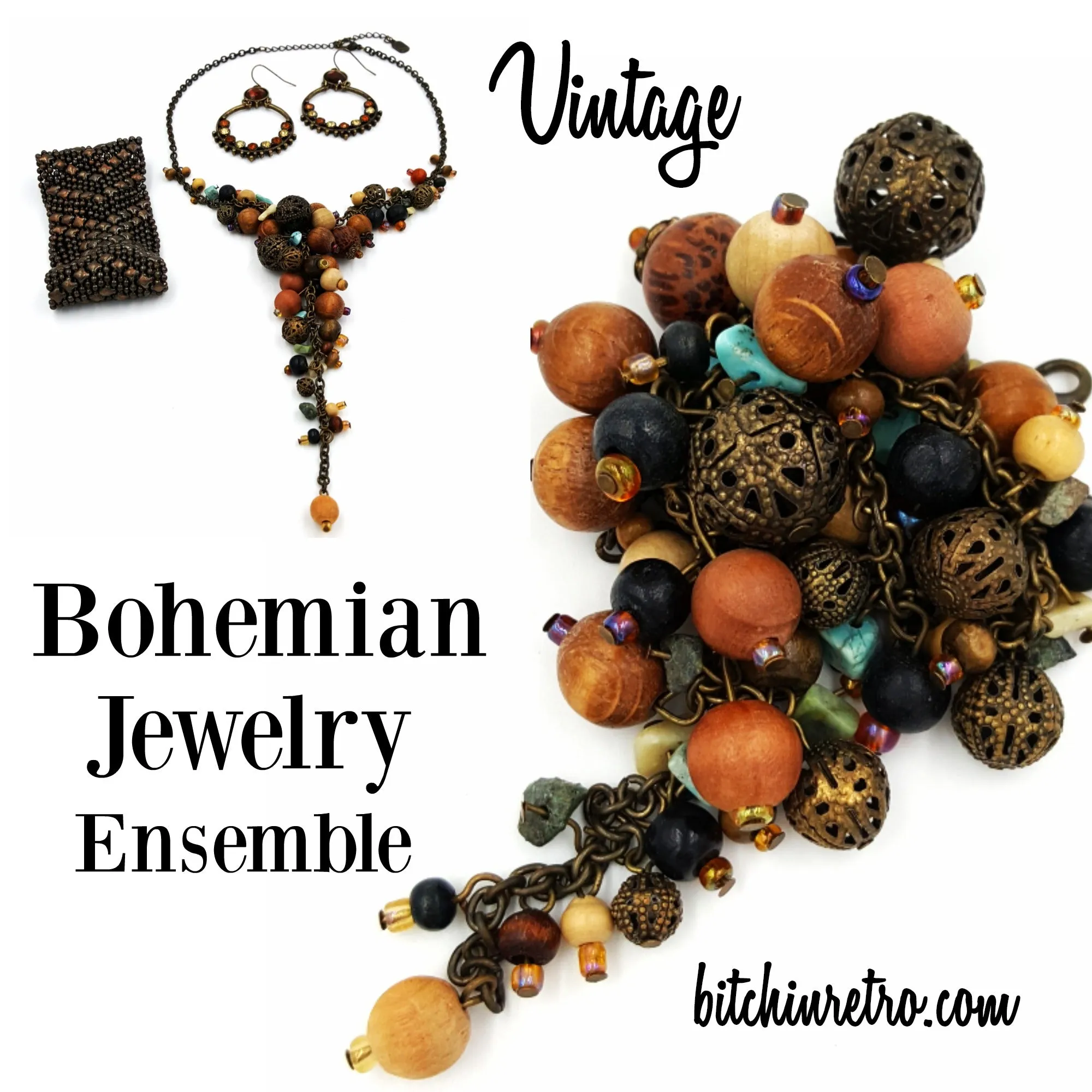Bohemian Necklace Earring and Bracelet Lot Faux Turquoise Wood and Brass Beads