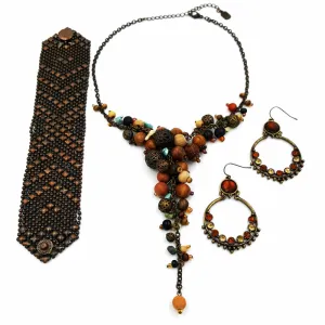 Bohemian Necklace Earring and Bracelet Lot Faux Turquoise Wood and Brass Beads