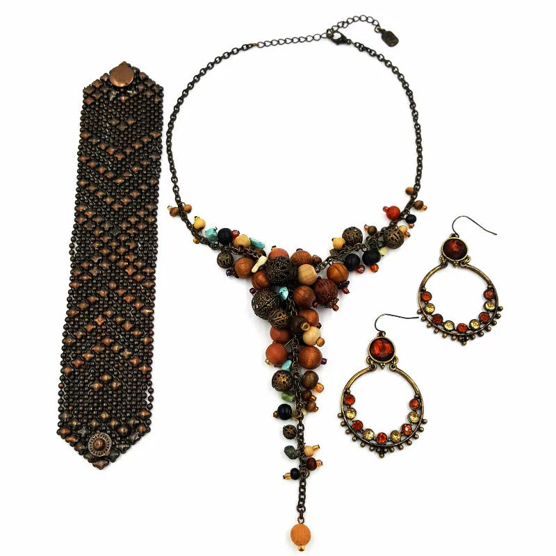Bohemian Necklace Earring and Bracelet Lot Faux Turquoise Wood and Brass Beads