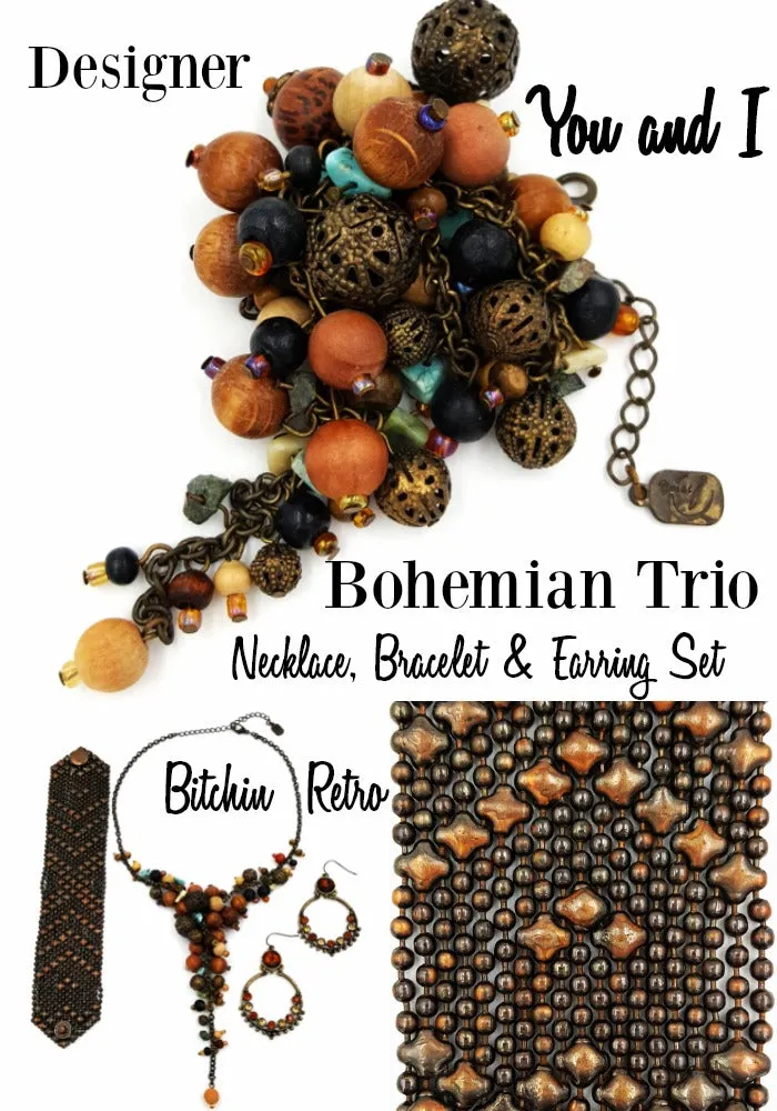 Bohemian Necklace Earring and Bracelet Lot Faux Turquoise Wood and Brass Beads