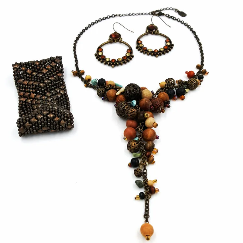 Bohemian Necklace Earring and Bracelet Lot Faux Turquoise Wood and Brass Beads