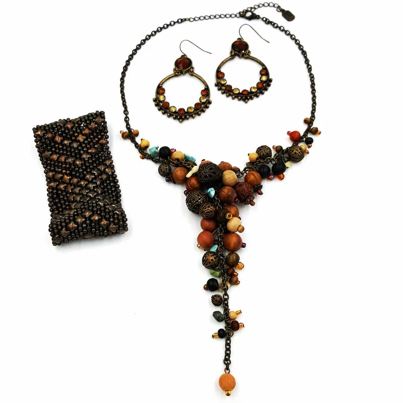 Bohemian Necklace Earring and Bracelet Lot Faux Turquoise Wood and Brass Beads