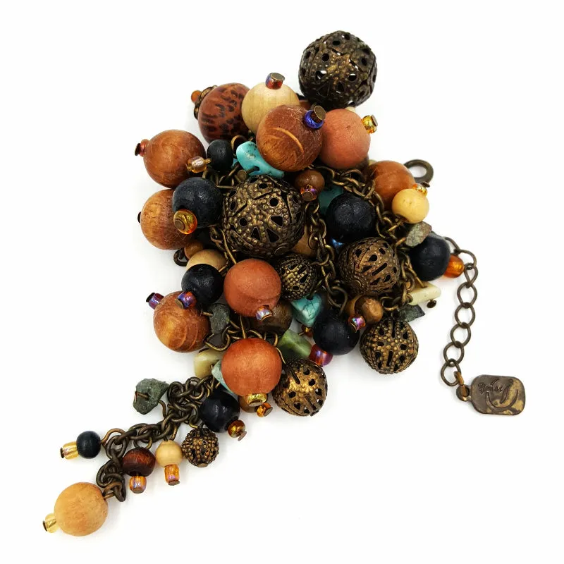 Bohemian Necklace Earring and Bracelet Lot Faux Turquoise Wood and Brass Beads