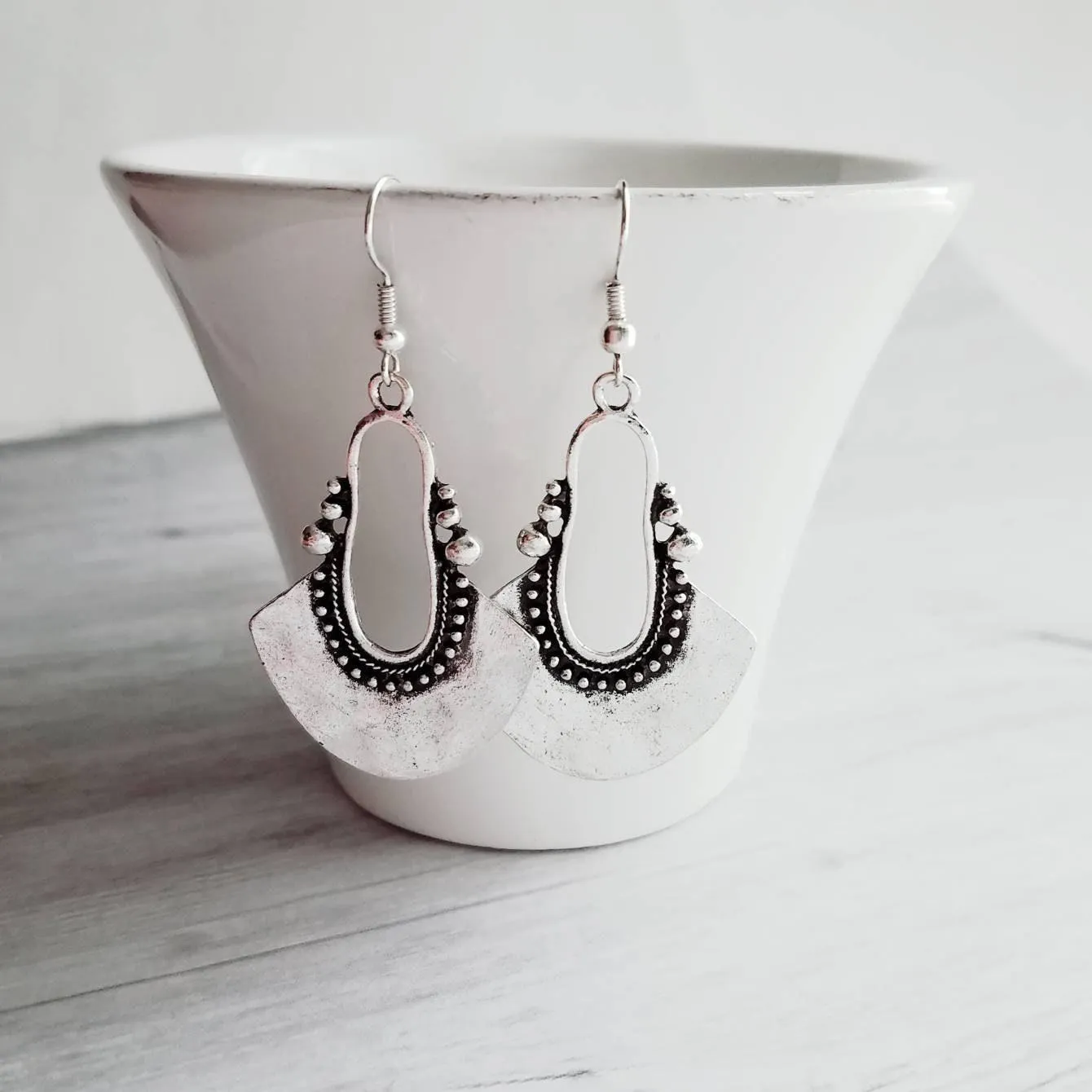 Bohemian Silver Earrings - antique/oxidized style Bali ball edge design detail - lightweight semicircle, unique boho gift idea