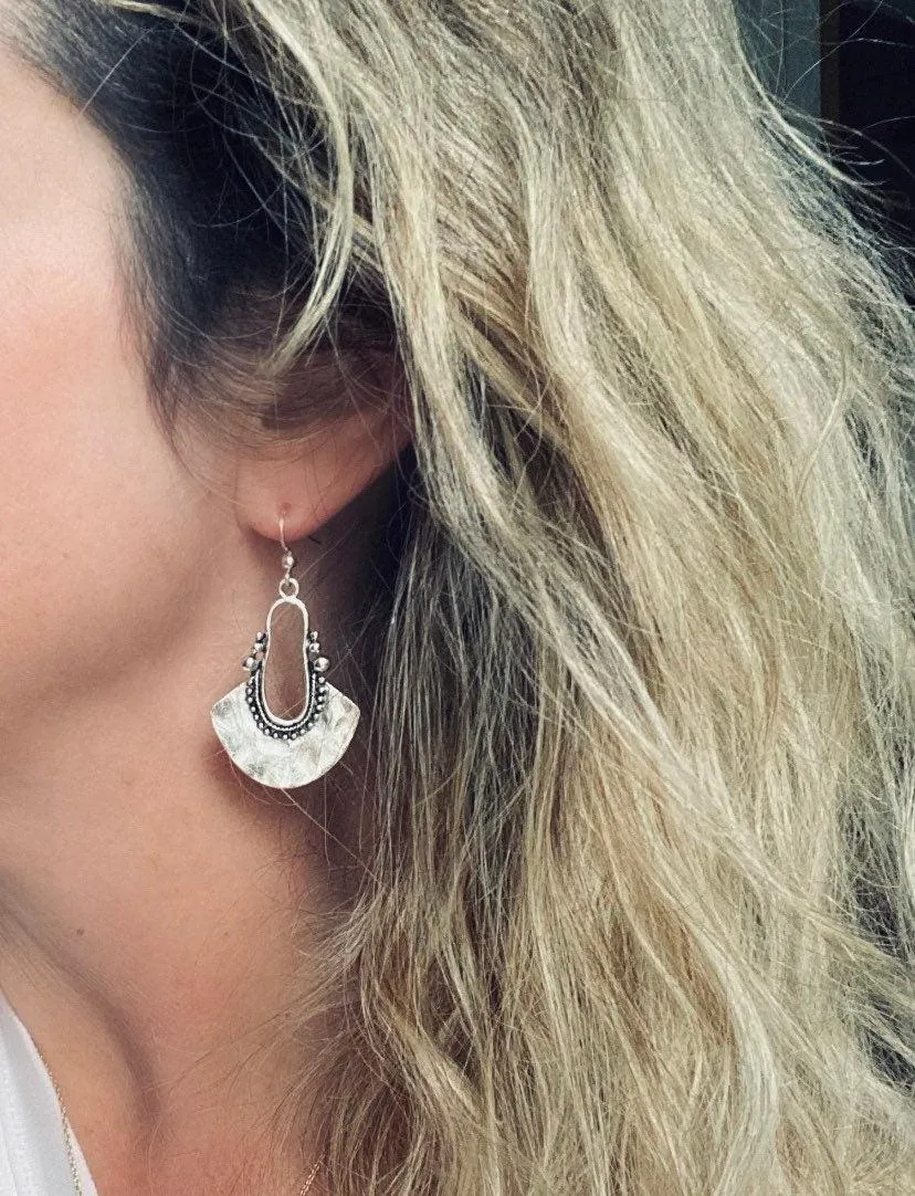 Bohemian Silver Earrings - antique/oxidized style Bali ball edge design detail - lightweight semicircle, unique boho gift idea