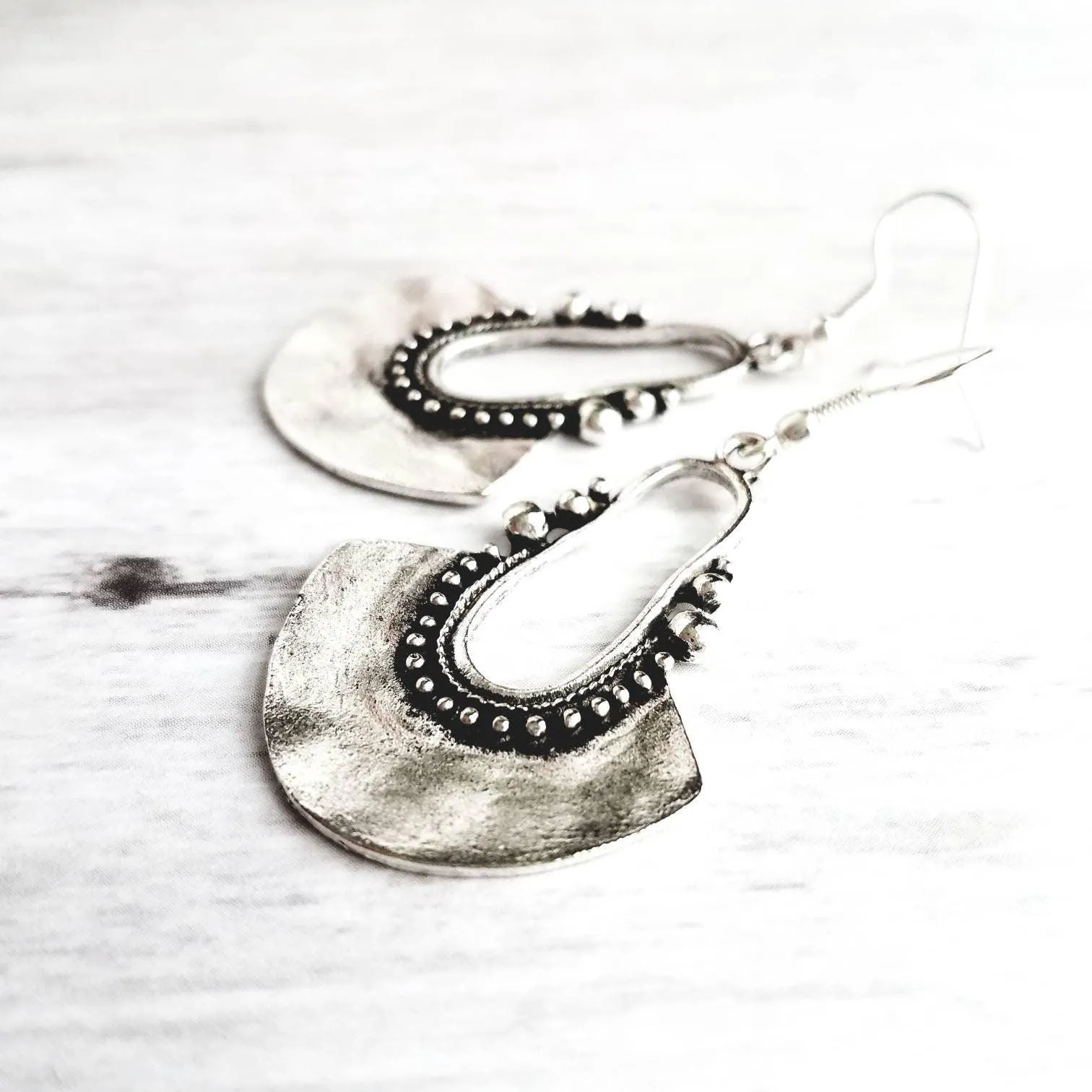 Bohemian Silver Earrings - antique/oxidized style Bali ball edge design detail - lightweight semicircle, unique boho gift idea