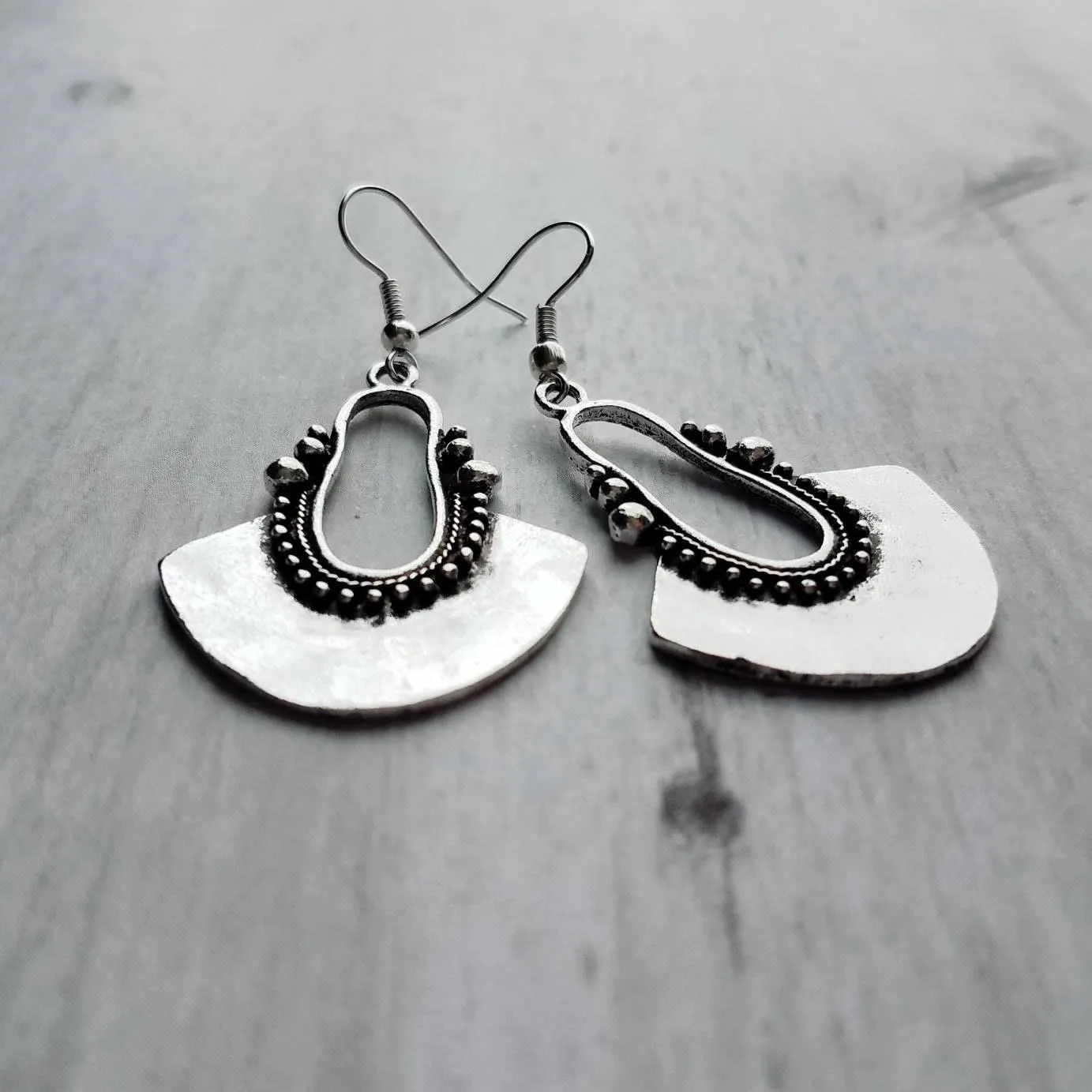 Bohemian Silver Earrings - antique/oxidized style Bali ball edge design detail - lightweight semicircle, unique boho gift idea