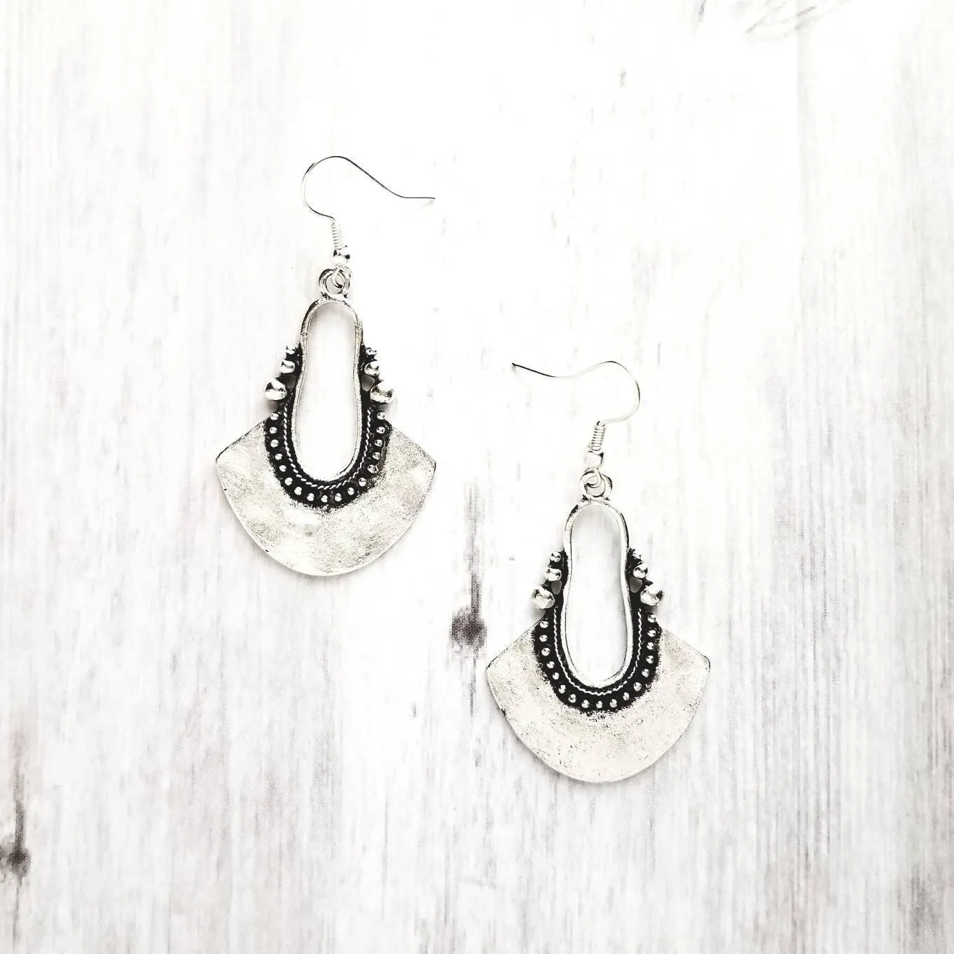 Bohemian Silver Earrings - antique/oxidized style Bali ball edge design detail - lightweight semicircle, unique boho gift idea