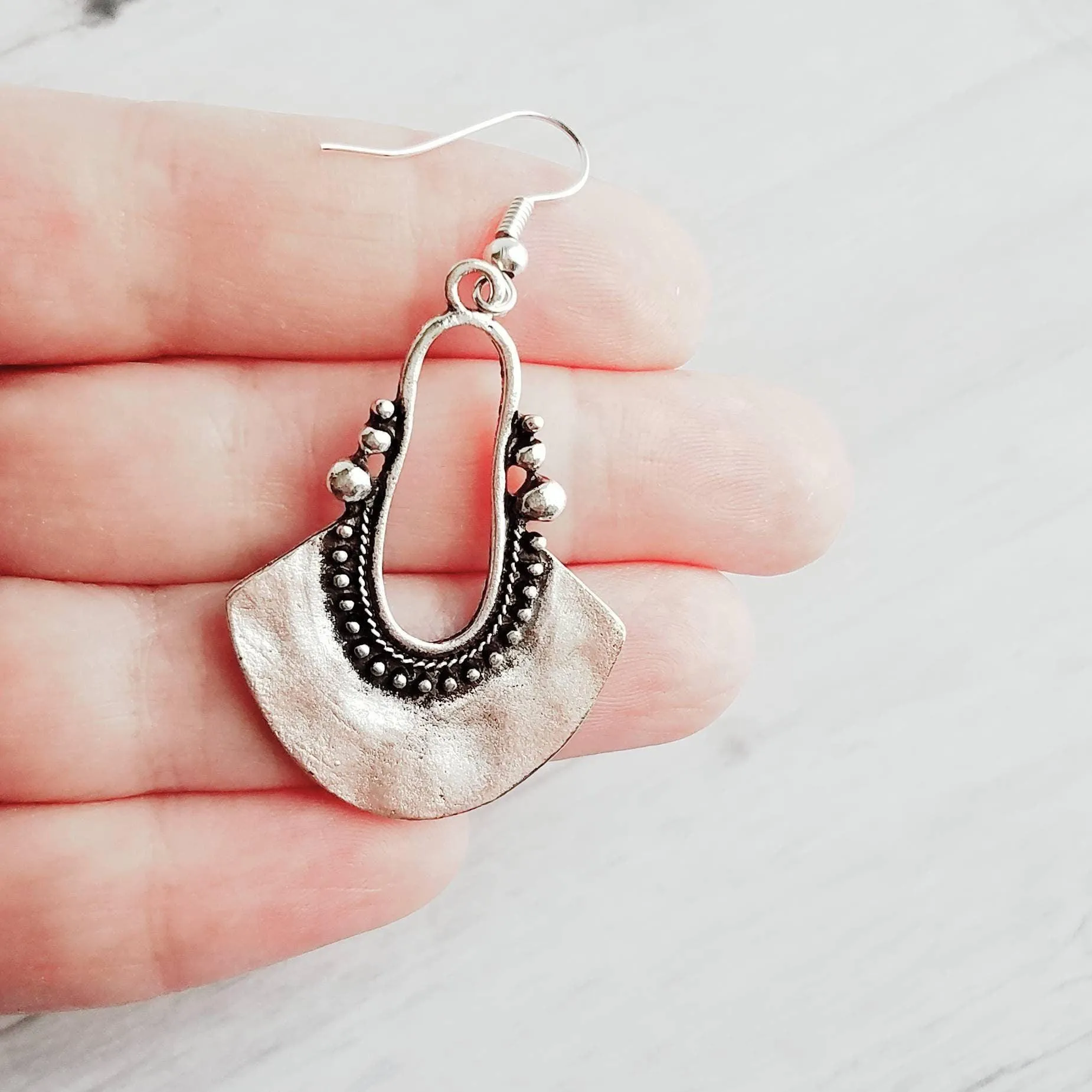 Bohemian Silver Earrings - antique/oxidized style Bali ball edge design detail - lightweight semicircle, unique boho gift idea
