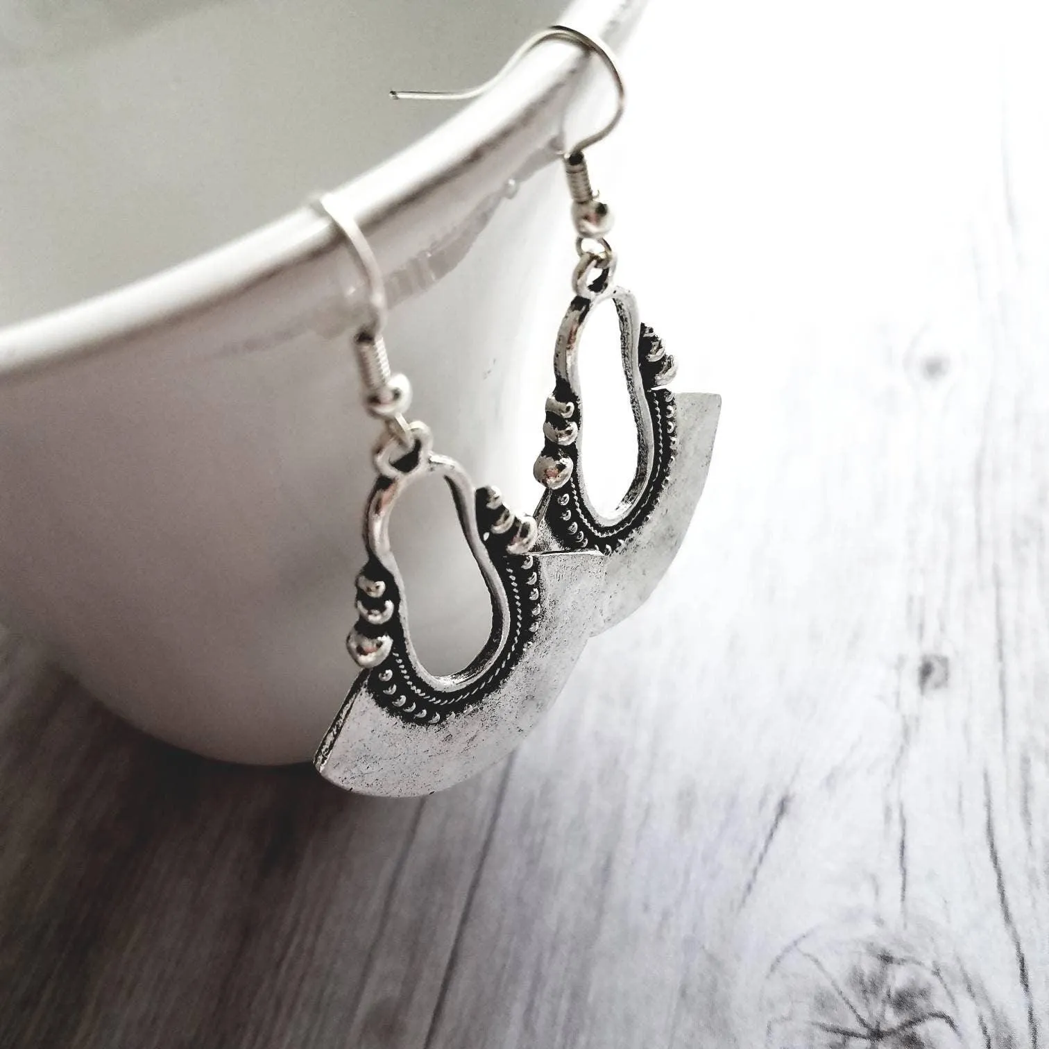 Bohemian Silver Earrings - antique/oxidized style Bali ball edge design detail - lightweight semicircle, unique boho gift idea