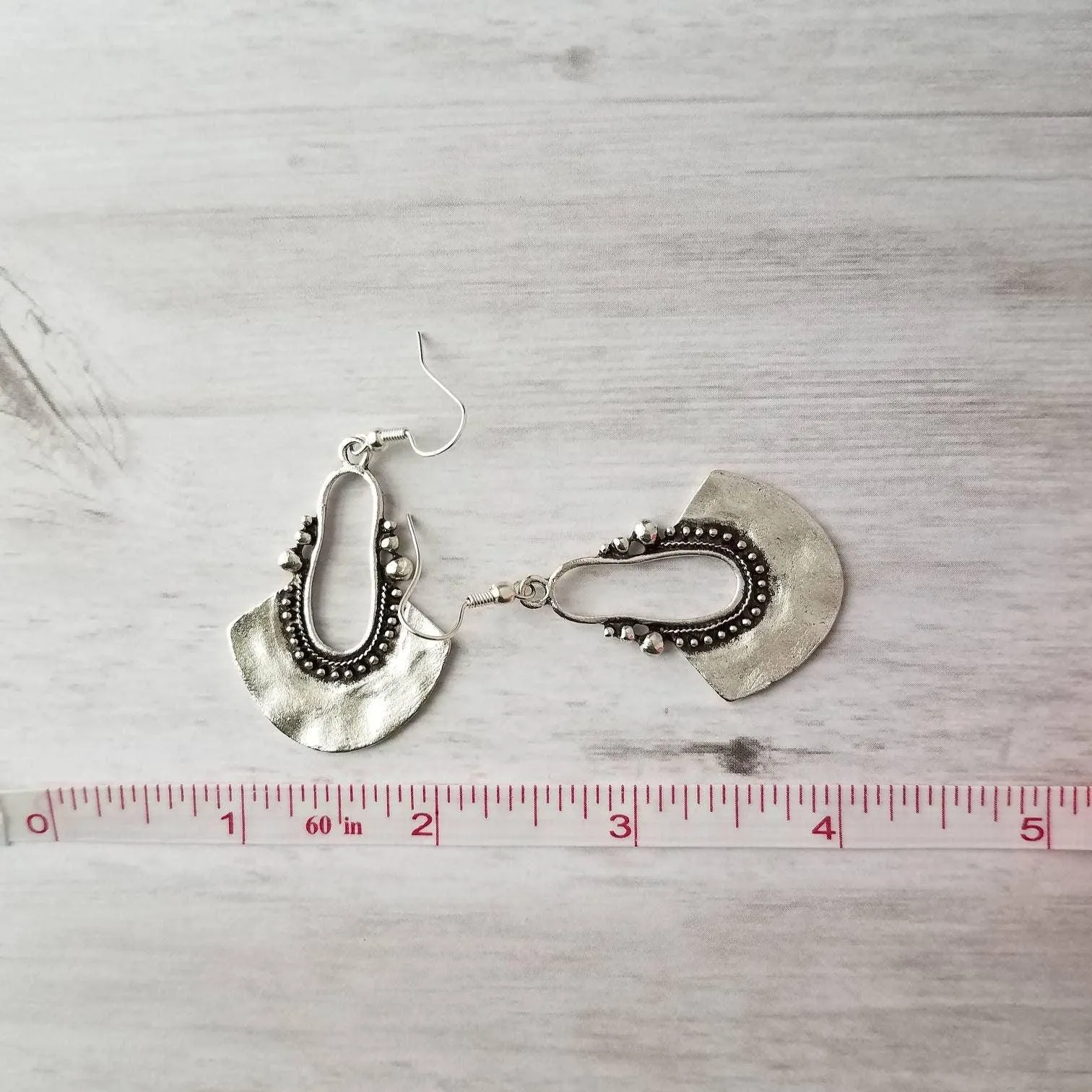 Bohemian Silver Earrings - antique/oxidized style Bali ball edge design detail - lightweight semicircle, unique boho gift idea