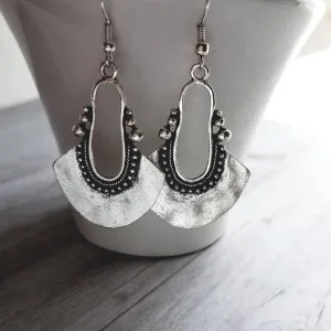 Bohemian Silver Earrings - antique/oxidized style Bali ball edge design detail - lightweight semicircle, unique boho gift idea