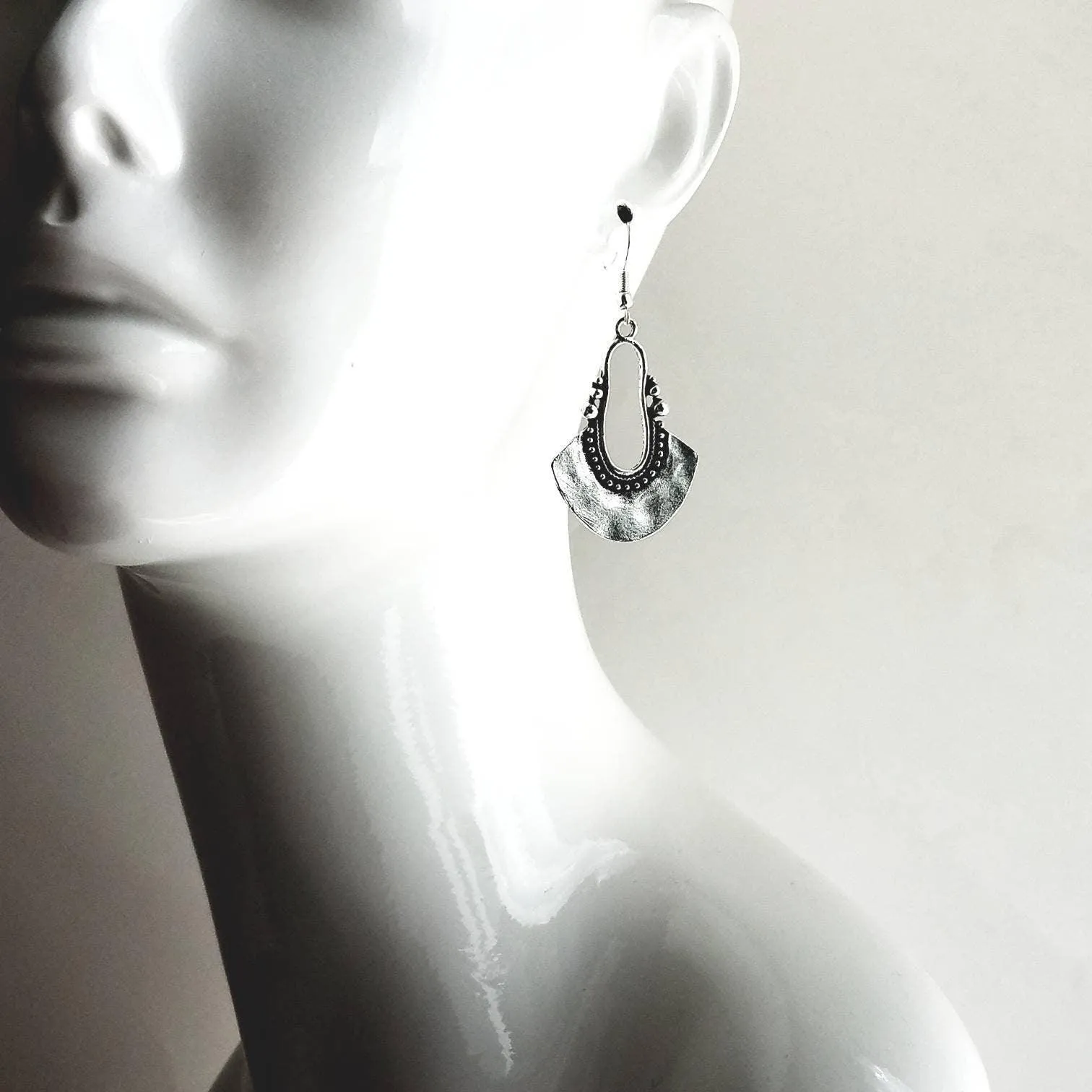 Bohemian Silver Earrings - antique/oxidized style Bali ball edge design detail - lightweight semicircle, unique boho gift idea
