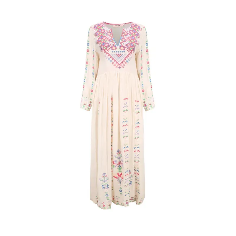 Bohemian Tourist Holiday Travel Beach Dress Embroidered Pattern V-Neck Dress