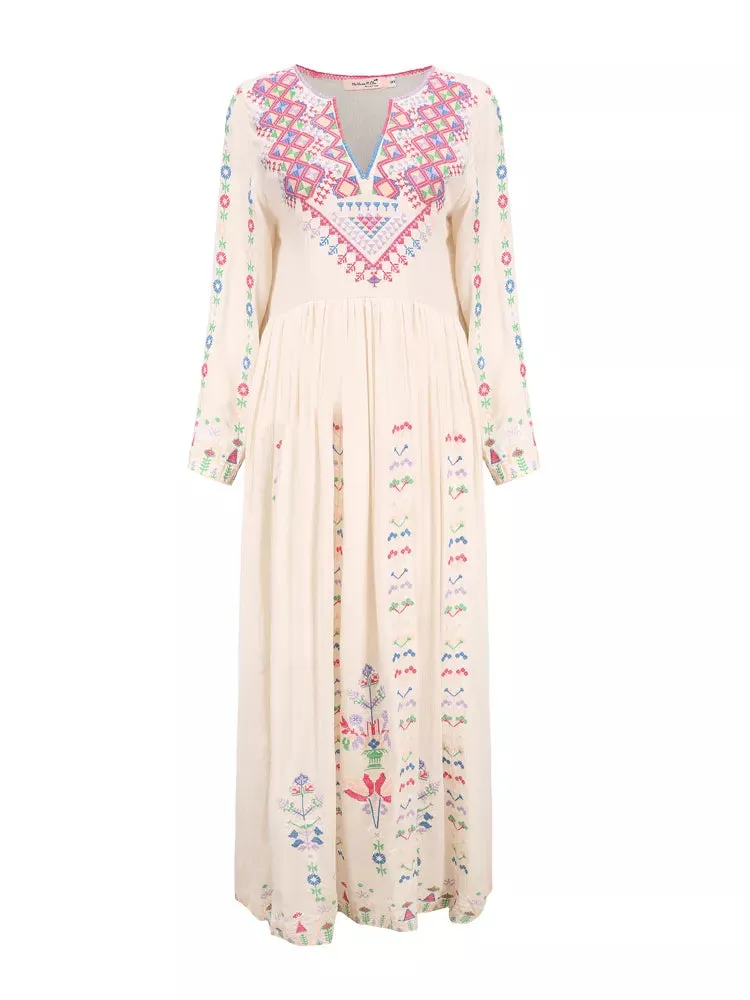 Bohemian Tourist Holiday Travel Beach Dress Embroidered Pattern V-Neck Dress
