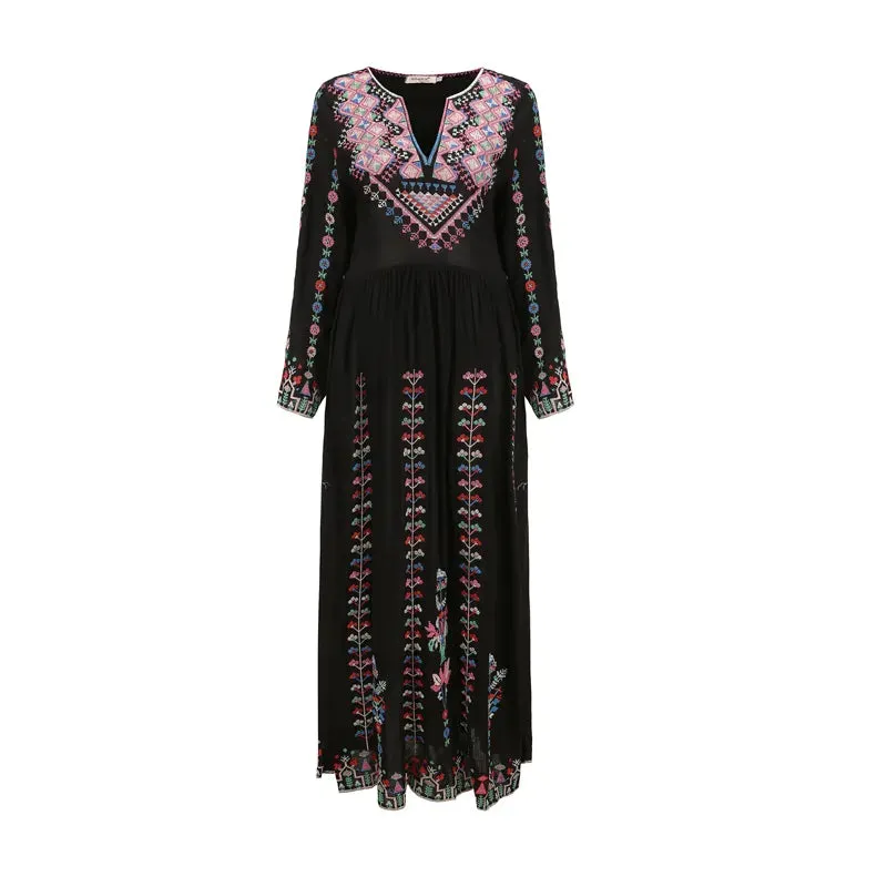 Bohemian Tourist Holiday Travel Beach Dress Embroidered Pattern V-Neck Dress
