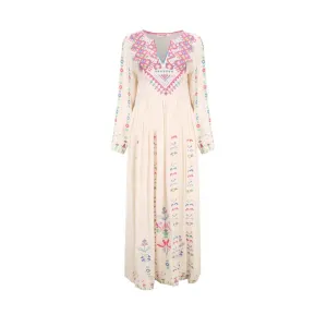 Bohemian Tourist Holiday Travel Beach Dress Embroidered Pattern V-Neck Dress