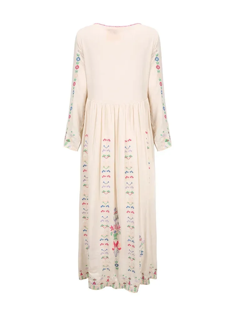 Bohemian Tourist Holiday Travel Beach Dress Embroidered Pattern V-Neck Dress
