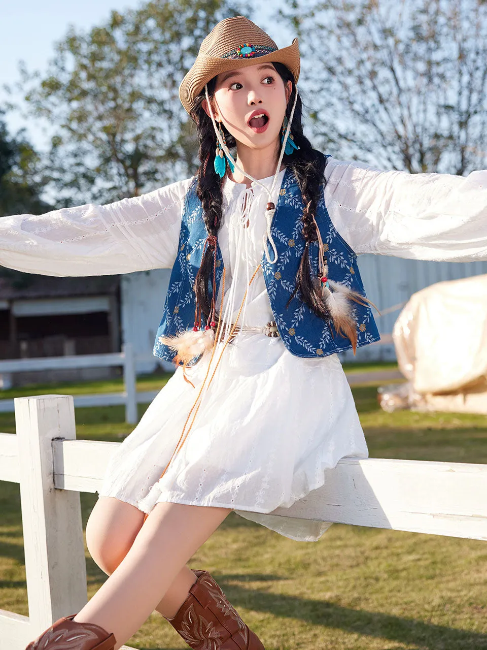 Bohemian White Long-sleeved Ruffles Mini Dress with Blue Suede Embroidered Vest Boho Suit