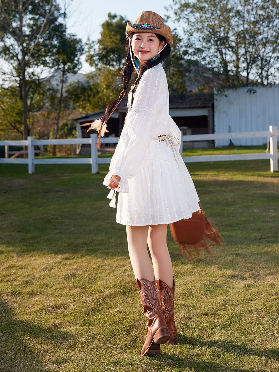 Bohemian White Long-sleeved Ruffles Mini Dress with Blue Suede Embroidered Vest Boho Suit