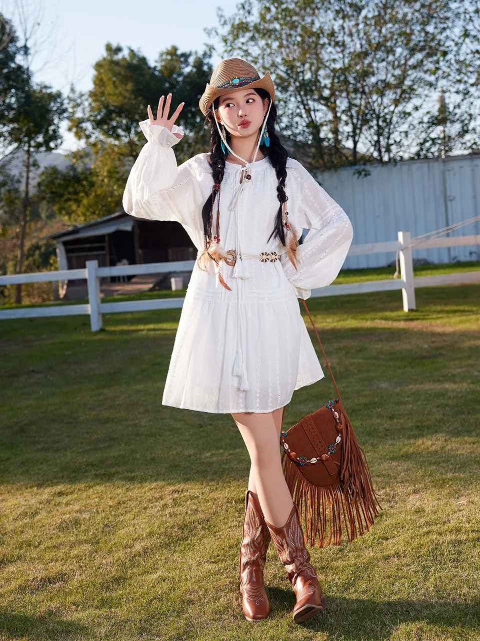 Bohemian White Long-sleeved Ruffles Mini Dress with Blue Suede Embroidered Vest Boho Suit
