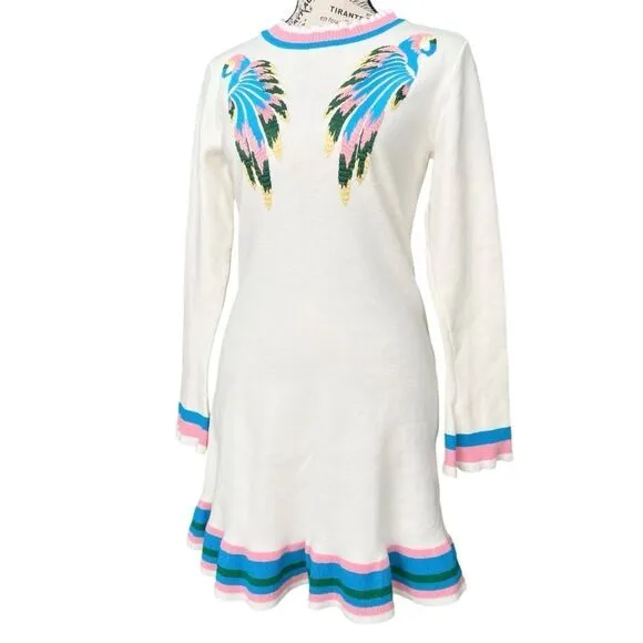Boho Vibe Parrot Embroidered Mini Sweater Dress in Size Medium