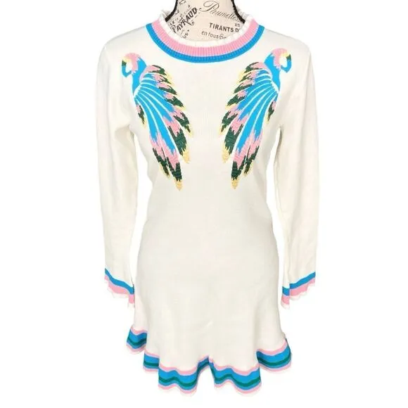 Boho Vibe Parrot Embroidered Mini Sweater Dress in Size Medium
