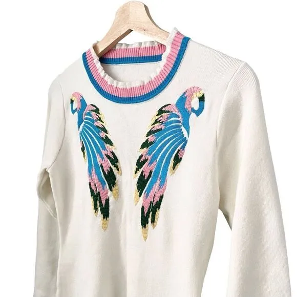 Boho Vibe Parrot Embroidered Mini Sweater Dress in Size Medium