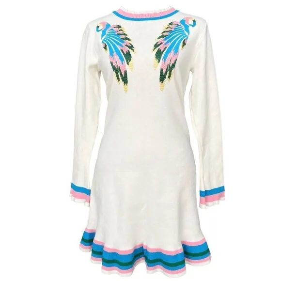 Boho Vibe Parrot Embroidered Mini Sweater Dress in Size Medium