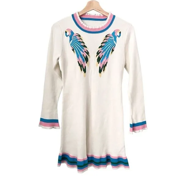 Boho Vibe Parrot Embroidered Mini Sweater Dress in Size Medium