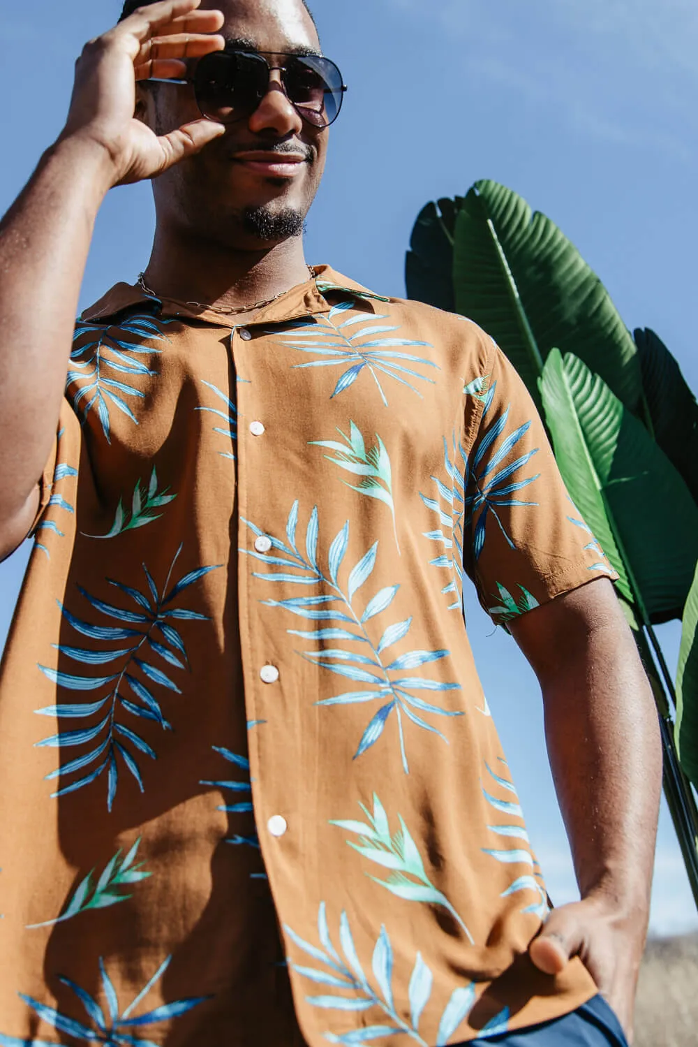Brooklyn Cloth Tropical Leaves BBQ Shirt for Men in Camel | BTMH124S-CAM-CAMEL