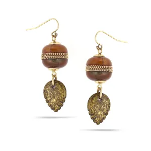 BROWN BEADS GOLD LEAF DROP EARRINGS #282GN3201 (7E4/6C6)