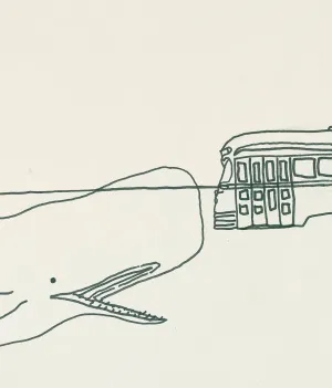 CHARLES PACHTER "WHALE & STREETCAR" DRAWING, 1977