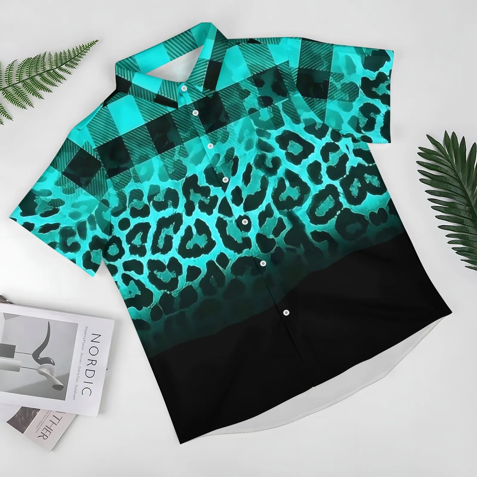Checked Leopard Gradient Print Short Sleeve Shirt 2404001709