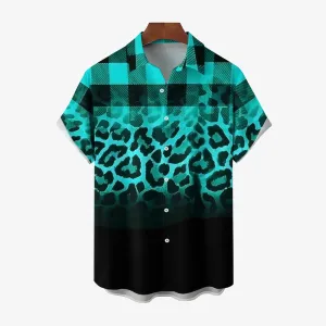Checked Leopard Gradient Print Short Sleeve Shirt 2404001709