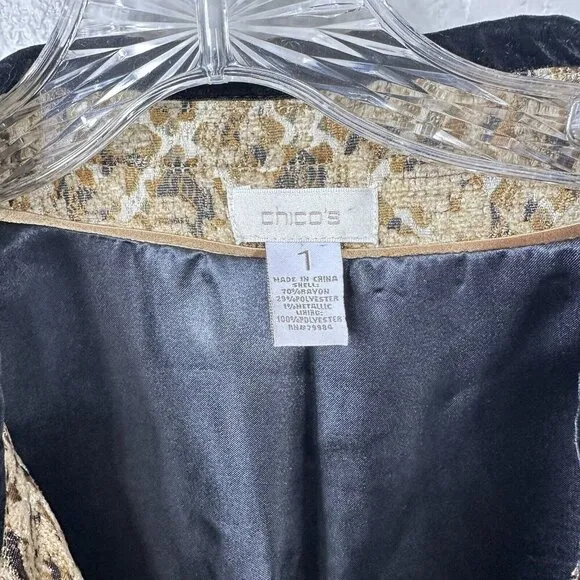 Chico’s Tapestry Gold Black Artisian Embellished Long Jacquard Jacket Sz M (1)