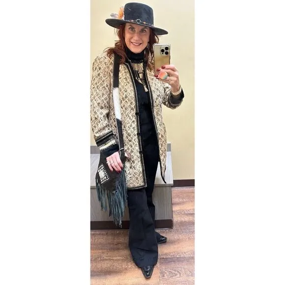 Chico’s Tapestry Gold Black Artisian Embellished Long Jacquard Jacket Sz M (1)
