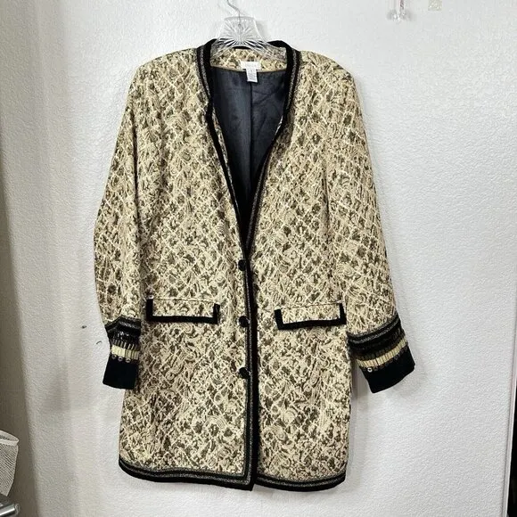 Chico’s Tapestry Gold Black Artisian Embellished Long Jacquard Jacket Sz M (1)