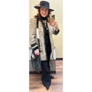 Chico’s Tapestry Gold Black Artisian Embellished Long Jacquard Jacket Sz M (1)