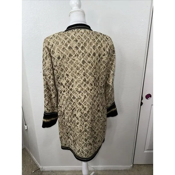 Chico’s Tapestry Gold Black Artisian Embellished Long Jacquard Jacket Sz M (1)