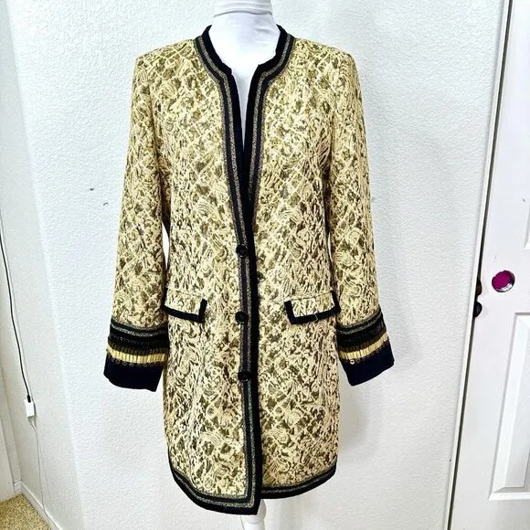 Chico’s Tapestry Gold Black Artisian Embellished Long Jacquard Jacket Sz M (1)