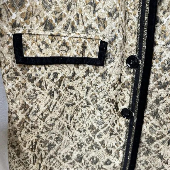 Chico’s Tapestry Gold Black Artisian Embellished Long Jacquard Jacket Sz M (1)