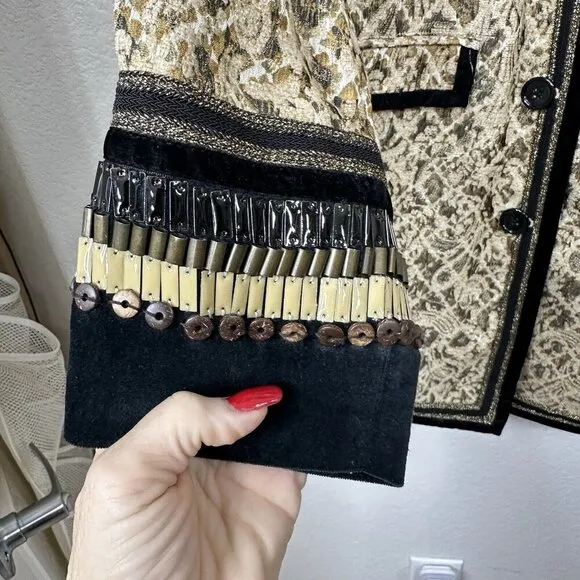 Chico’s Tapestry Gold Black Artisian Embellished Long Jacquard Jacket Sz M (1)