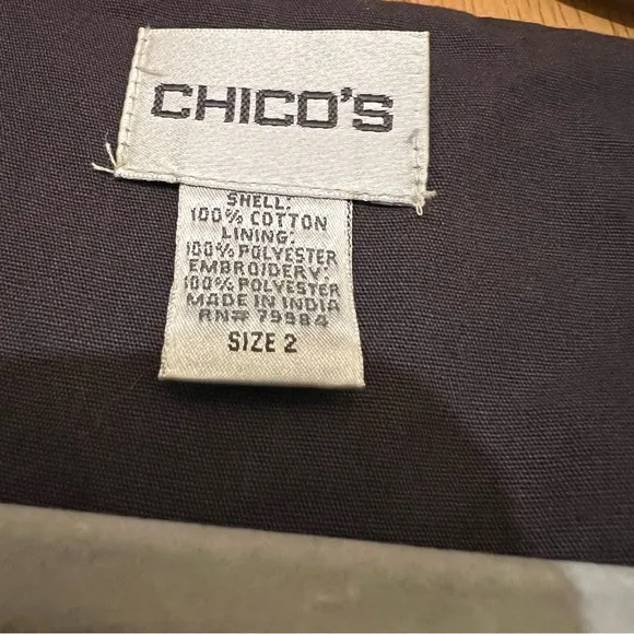 Chico's VTG Boho Minimalistic Coastal Grandma Black Embroidered Full-zip Jacket
