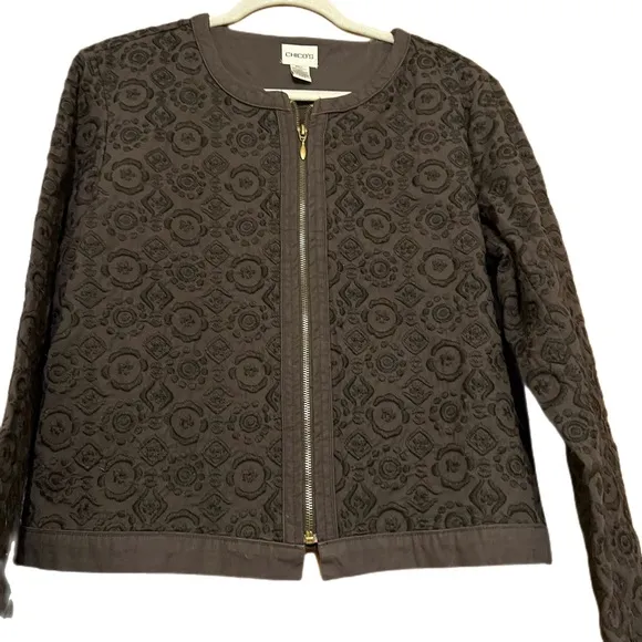 Chico's VTG Boho Minimalistic Coastal Grandma Black Embroidered Full-zip Jacket